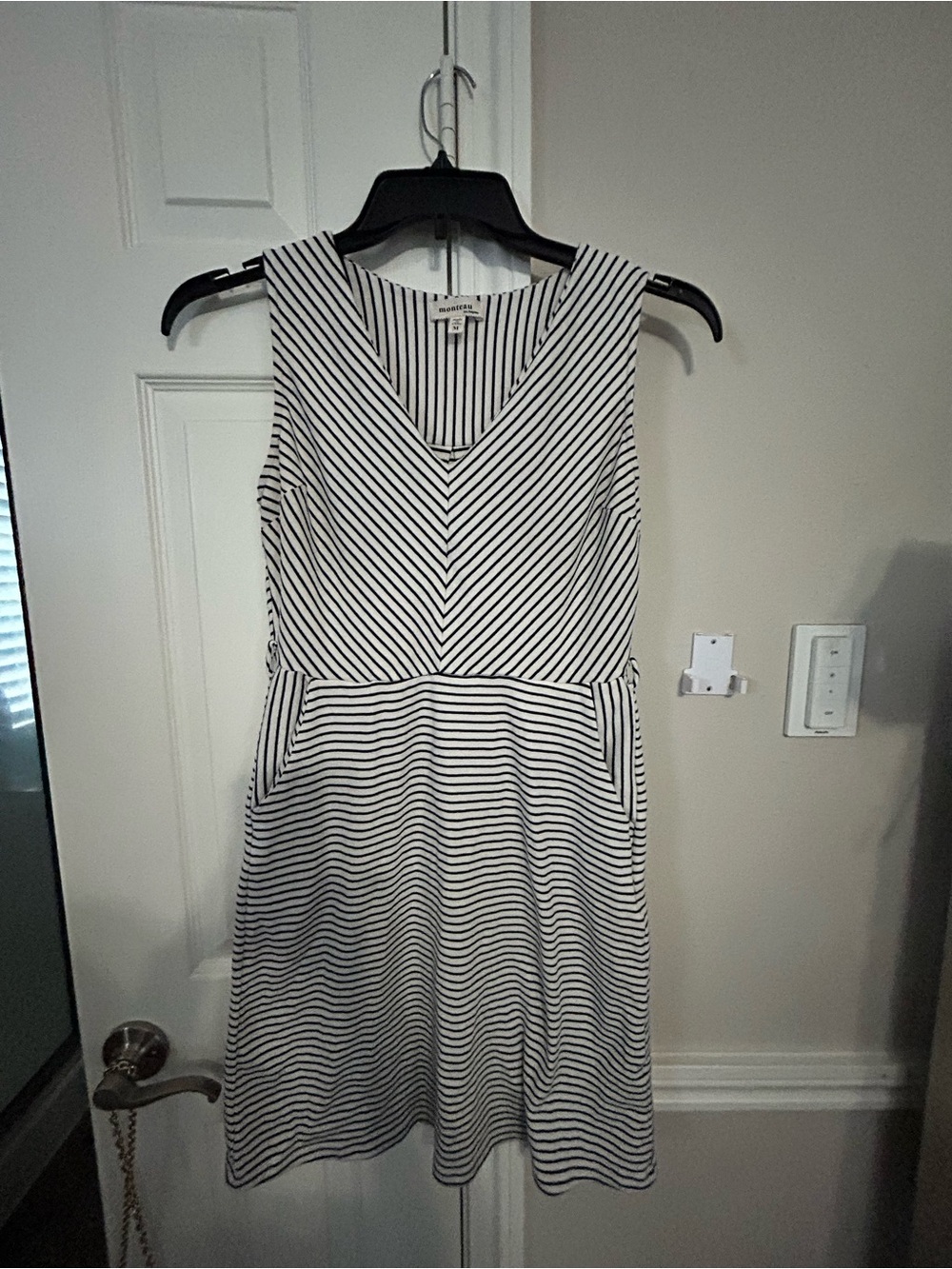 Monteau Black and White Striped V-Neck Midi Dress